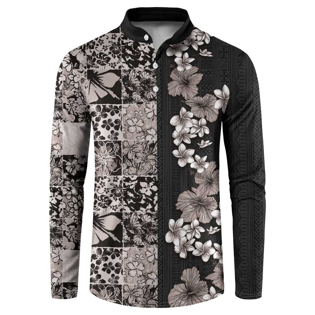 Hawaiian Hibiscus and Tropical Leaves Button Sweatshirt Patchwork Grunge Abstract Vintage Style Grayscale Color LT03 Black - Polynesian Pride