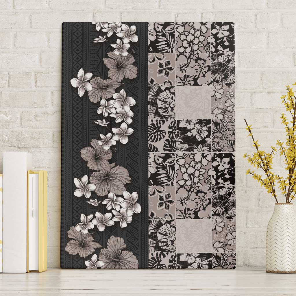 Hawaiian Hibiscus and Tropical Leaves Canvas Wall Art Patchwork Grunge Abstract Vintage Style Grayscale Color