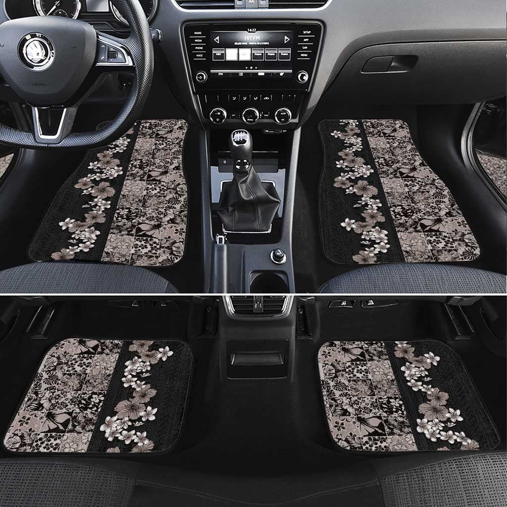 Hawaiian Hibiscus and Tropical Leaves Car Mats Patchwork Grunge Abstract Vintage Style Grayscale Color