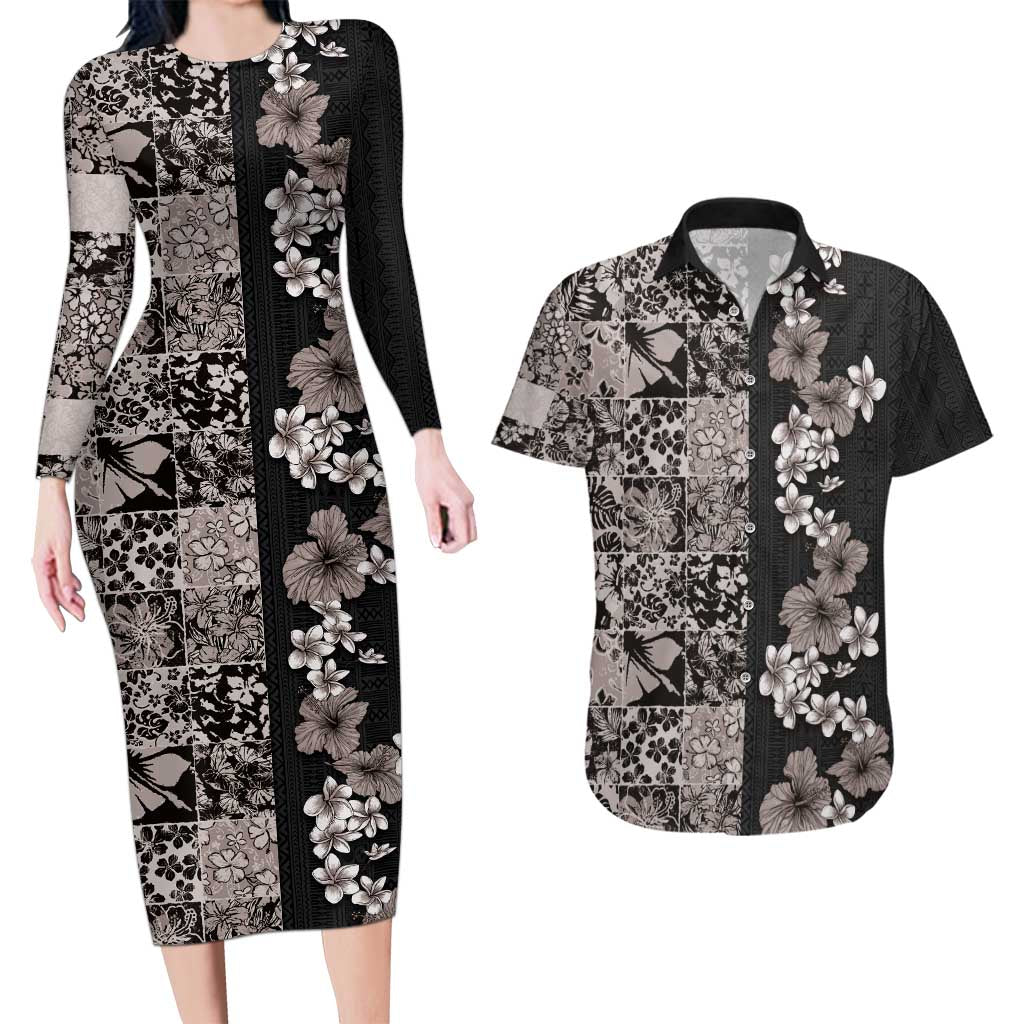 Hawaiian Hibiscus and Tropical Leaves Couples Matching Long Sleeve Bodycon Dress and Hawaiian Shirt Patchwork Grunge Abstract Vintage Style Grayscale Color LT03 Black - Polynesian Pride