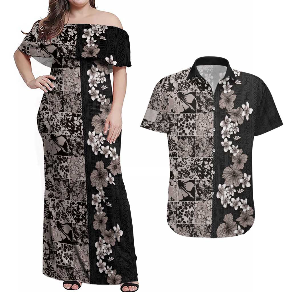 Hawaiian Hibiscus and Tropical Leaves Couples Matching Off Shoulder Maxi Dress and Hawaiian Shirt Patchwork Grunge Abstract Vintage Style Grayscale Color