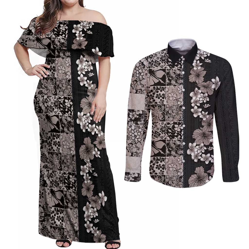 Hawaiian Hibiscus and Tropical Leaves Couples Matching Off Shoulder Maxi Dress and Long Sleeve Button Shirt Patchwork Grunge Abstract Vintage Style Grayscale Color