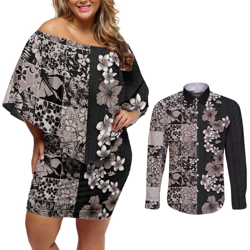 Hawaiian Hibiscus and Tropical Leaves Couples Matching Off Shoulder Short Dress and Long Sleeve Button Shirt Patchwork Grunge Abstract Vintage Style Grayscale Color