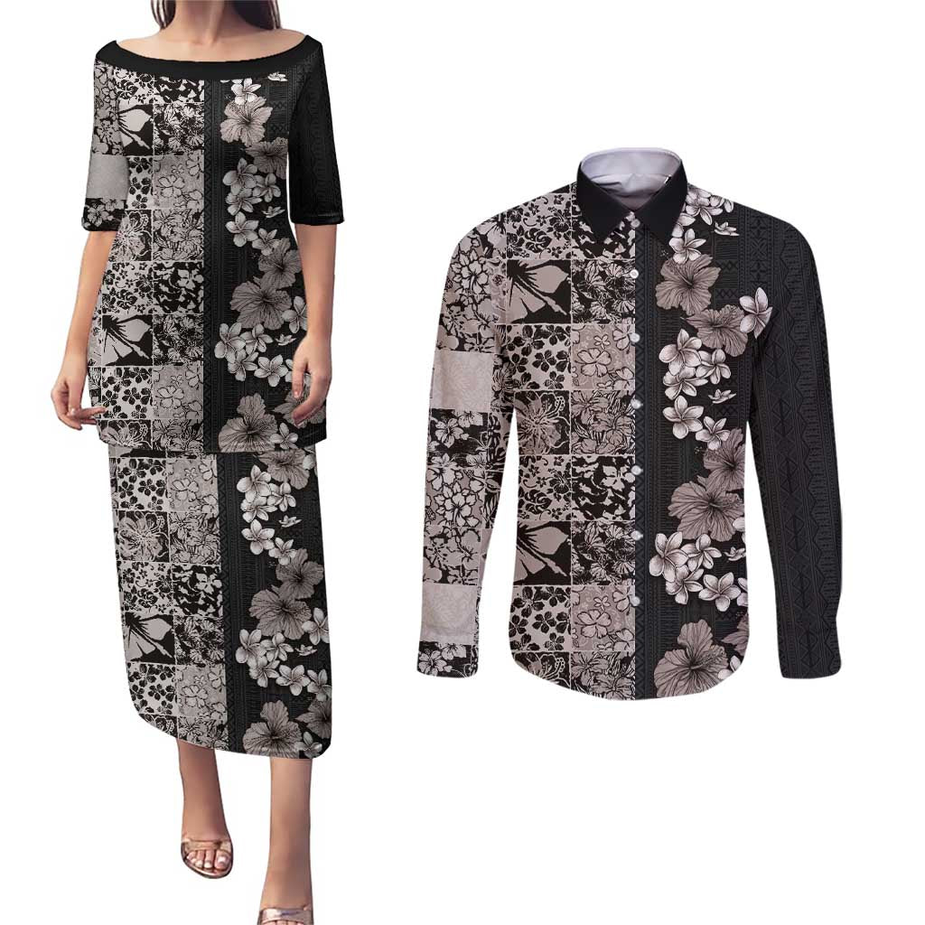Hawaiian Hibiscus and Tropical Leaves Couples Matching Puletasi and Long Sleeve Button Shirt Patchwork Grunge Abstract Vintage Style Grayscale Color LT03 Black - Polynesian Pride