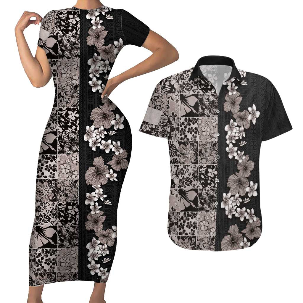 Hawaiian Hibiscus and Tropical Leaves Couples Matching Short Sleeve Bodycon Dress and Hawaiian Shirt Patchwork Grunge Abstract Vintage Style Grayscale Color LT03 Black - Polynesian Pride