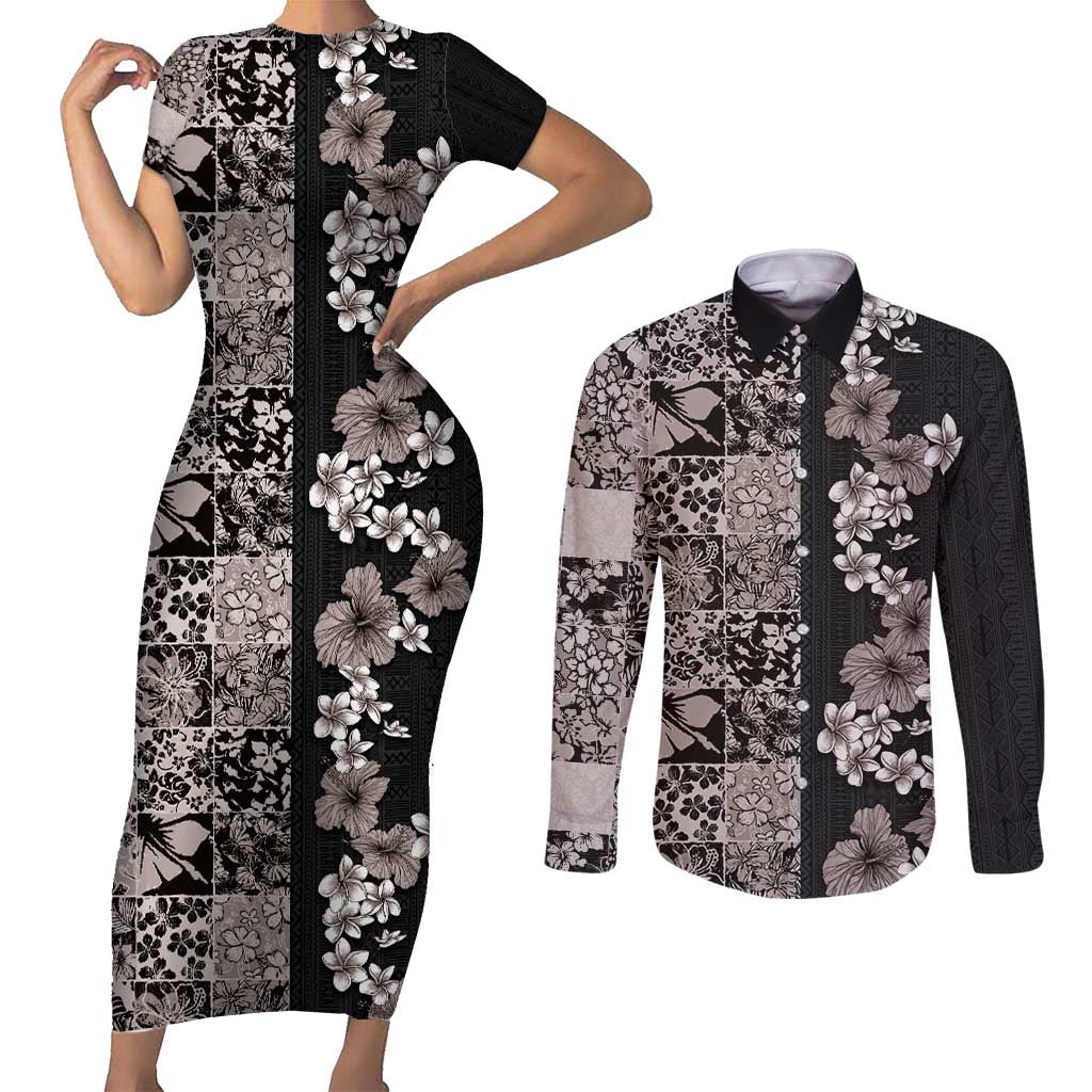 Hawaiian Hibiscus and Tropical Leaves Couples Matching Short Sleeve Bodycon Dress and Long Sleeve Button Shirt Patchwork Grunge Abstract Vintage Style Grayscale Color