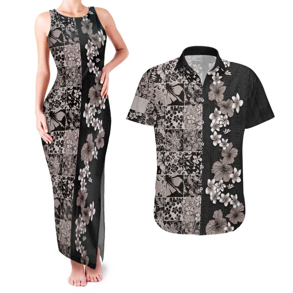 Hawaiian Hibiscus and Tropical Leaves Couples Matching Tank Maxi Dress and Hawaiian Shirt Patchwork Grunge Abstract Vintage Style Grayscale Color