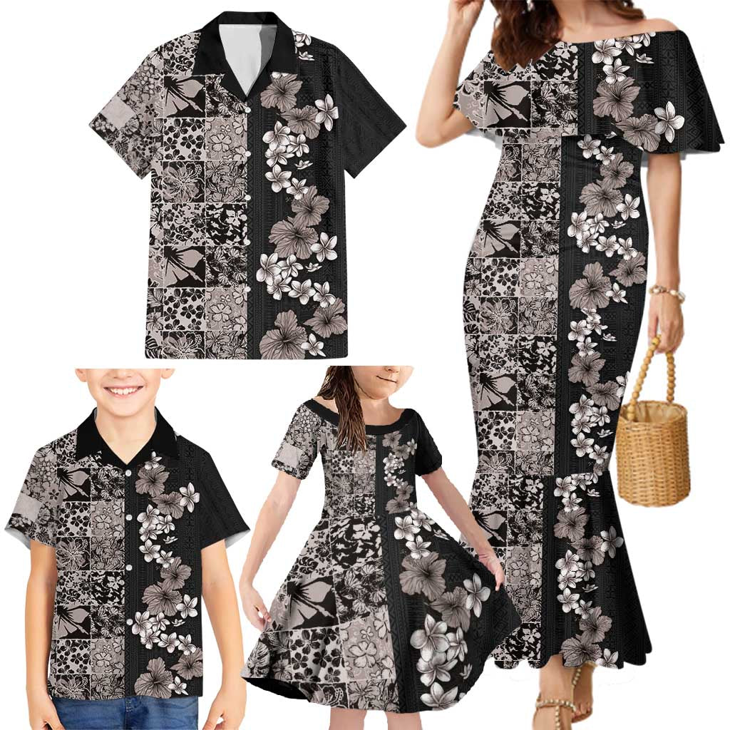 Hawaiian Hibiscus and Tropical Leaves Family Matching Mermaid Dress and Hawaiian Shirt Patchwork Grunge Abstract Vintage Style Grayscale Color