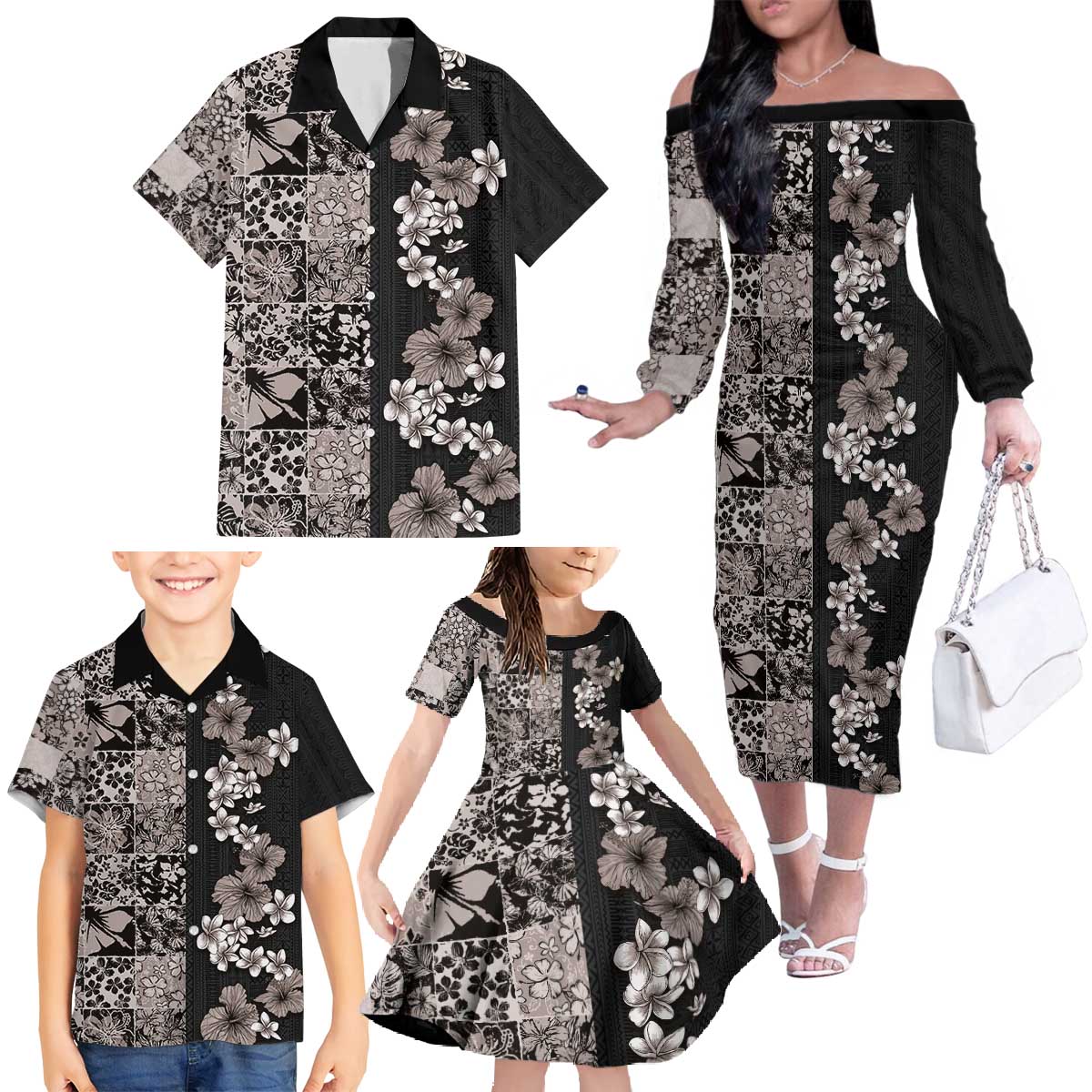 Hawaiian Hibiscus and Tropical Leaves Family Matching Off The Shoulder Long Sleeve Dress and Hawaiian Shirt Patchwork Grunge Abstract Vintage Style Grayscale Color