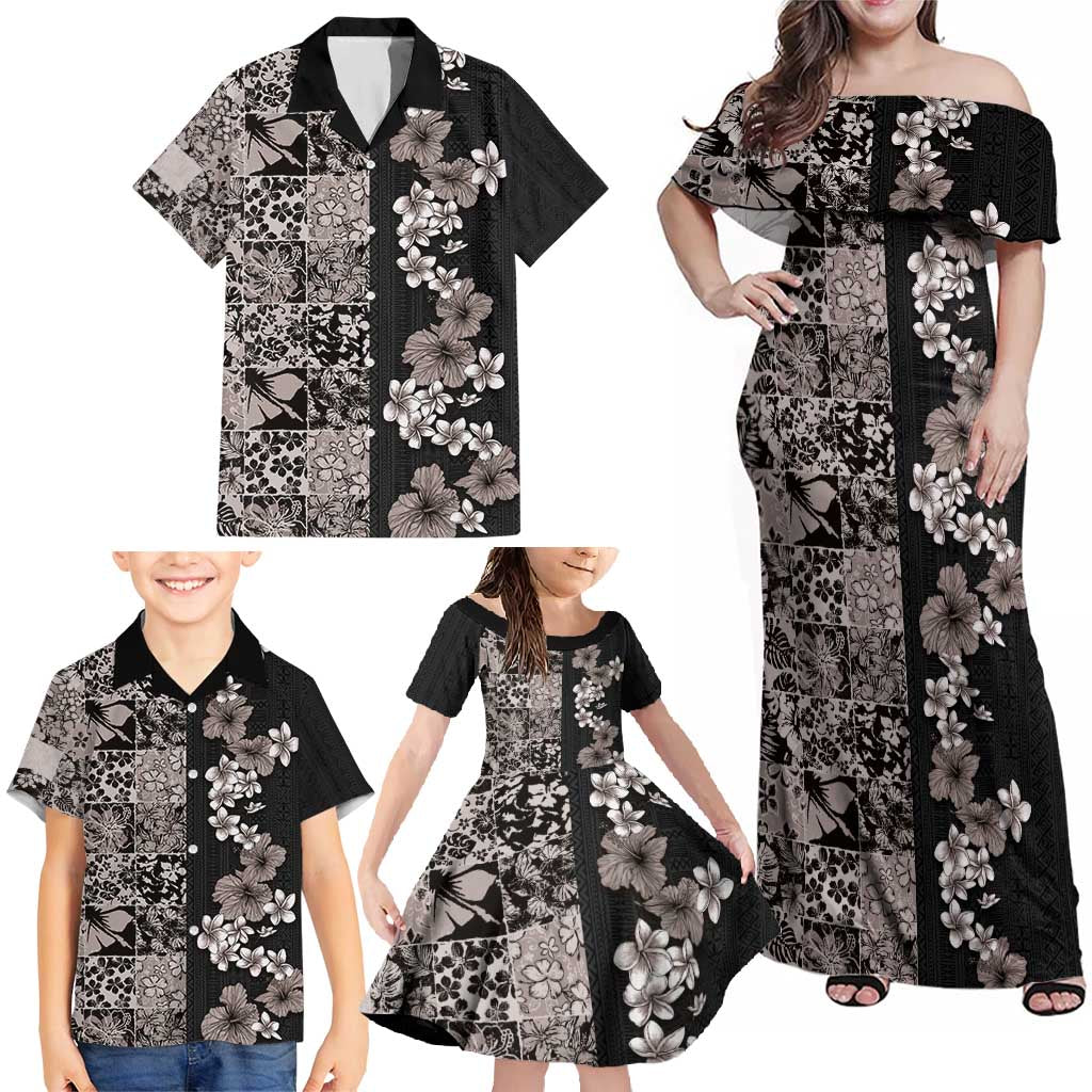 Hawaiian Hibiscus and Tropical Leaves Family Matching Off Shoulder Maxi Dress and Hawaiian Shirt Patchwork Grunge Abstract Vintage Style Grayscale Color