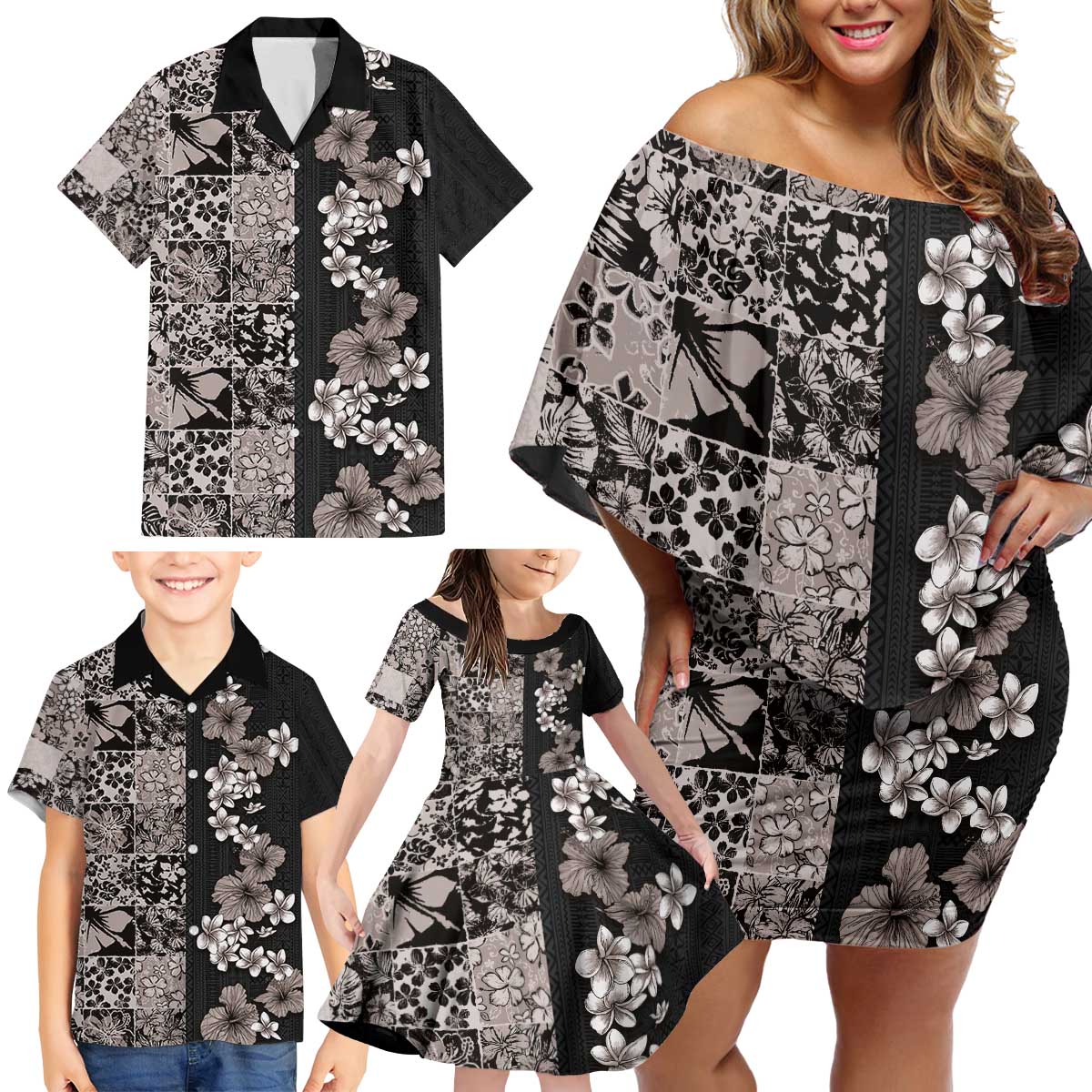 Hawaiian Hibiscus and Tropical Leaves Family Matching Off Shoulder Short Dress and Hawaiian Shirt Patchwork Grunge Abstract Vintage Style Grayscale Color