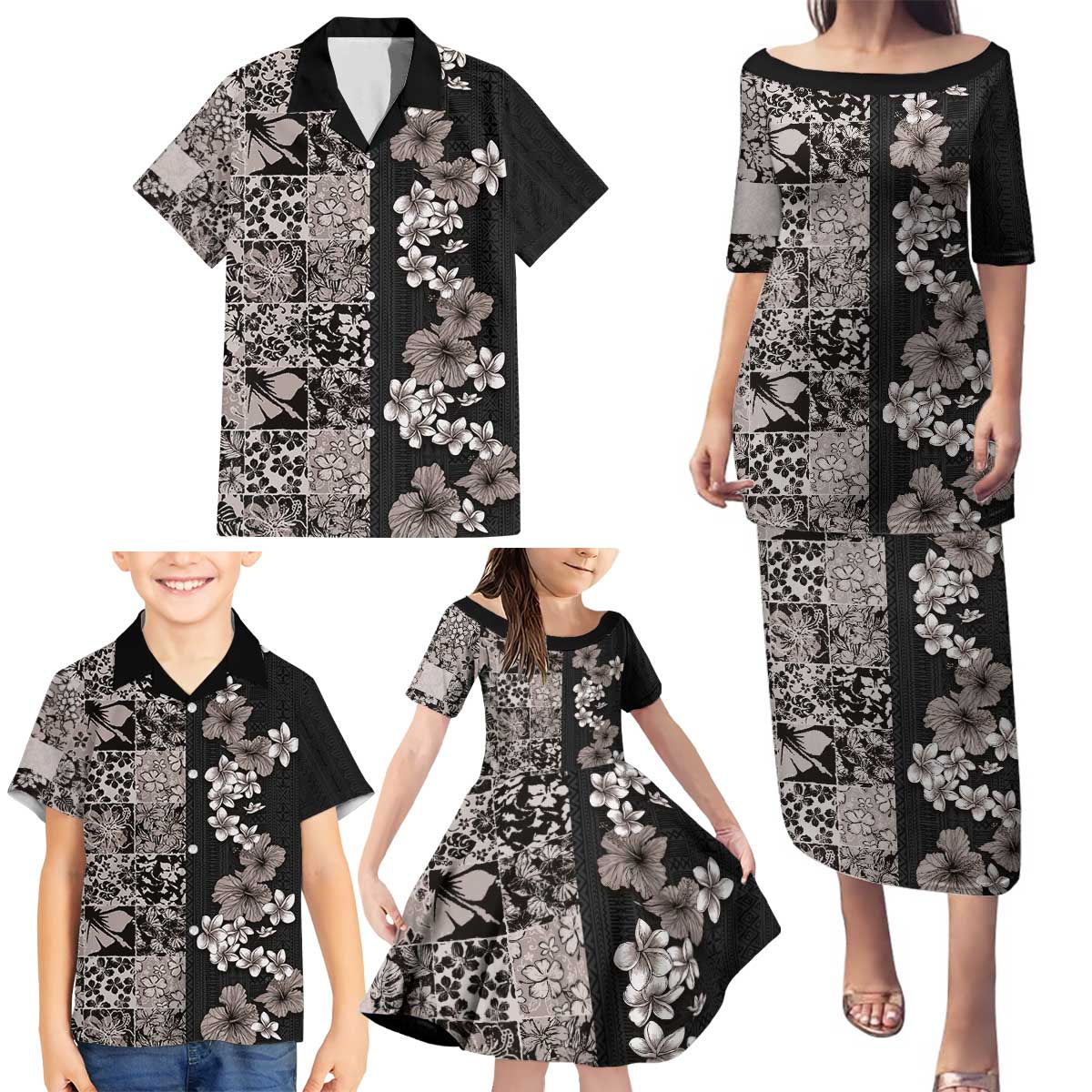 Hawaiian Hibiscus and Tropical Leaves Family Matching Puletasi and Hawaiian Shirt Patchwork Grunge Abstract Vintage Style Grayscale Color