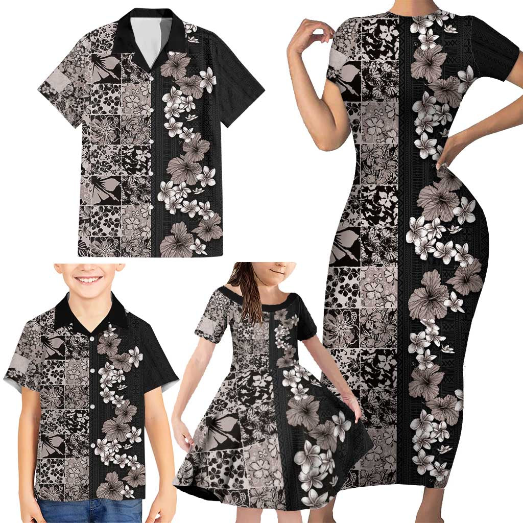 Hawaiian Hibiscus and Tropical Leaves Family Matching Short Sleeve Bodycon Dress and Hawaiian Shirt Patchwork Grunge Abstract Vintage Style Grayscale Color