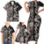 Hawaiian Hibiscus and Tropical Leaves Family Matching Short Sleeve Bodycon Dress and Hawaiian Shirt Patchwork Grunge Abstract Vintage Style Grayscale Color