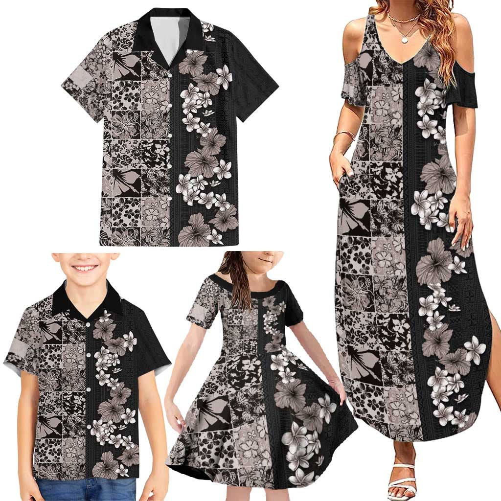 Hawaiian Hibiscus and Tropical Leaves Family Matching Summer Maxi Dress and Hawaiian Shirt Patchwork Grunge Abstract Vintage Style Grayscale Color LT03 - Polynesian Pride