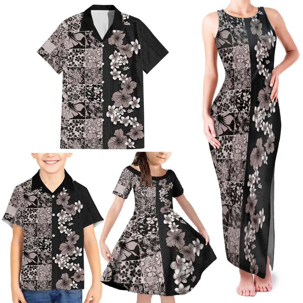 Hawaiian Hibiscus and Tropical Leaves Family Matching Tank Maxi Dress and Hawaiian Shirt Patchwork Grunge Abstract Vintage Style Grayscale Color