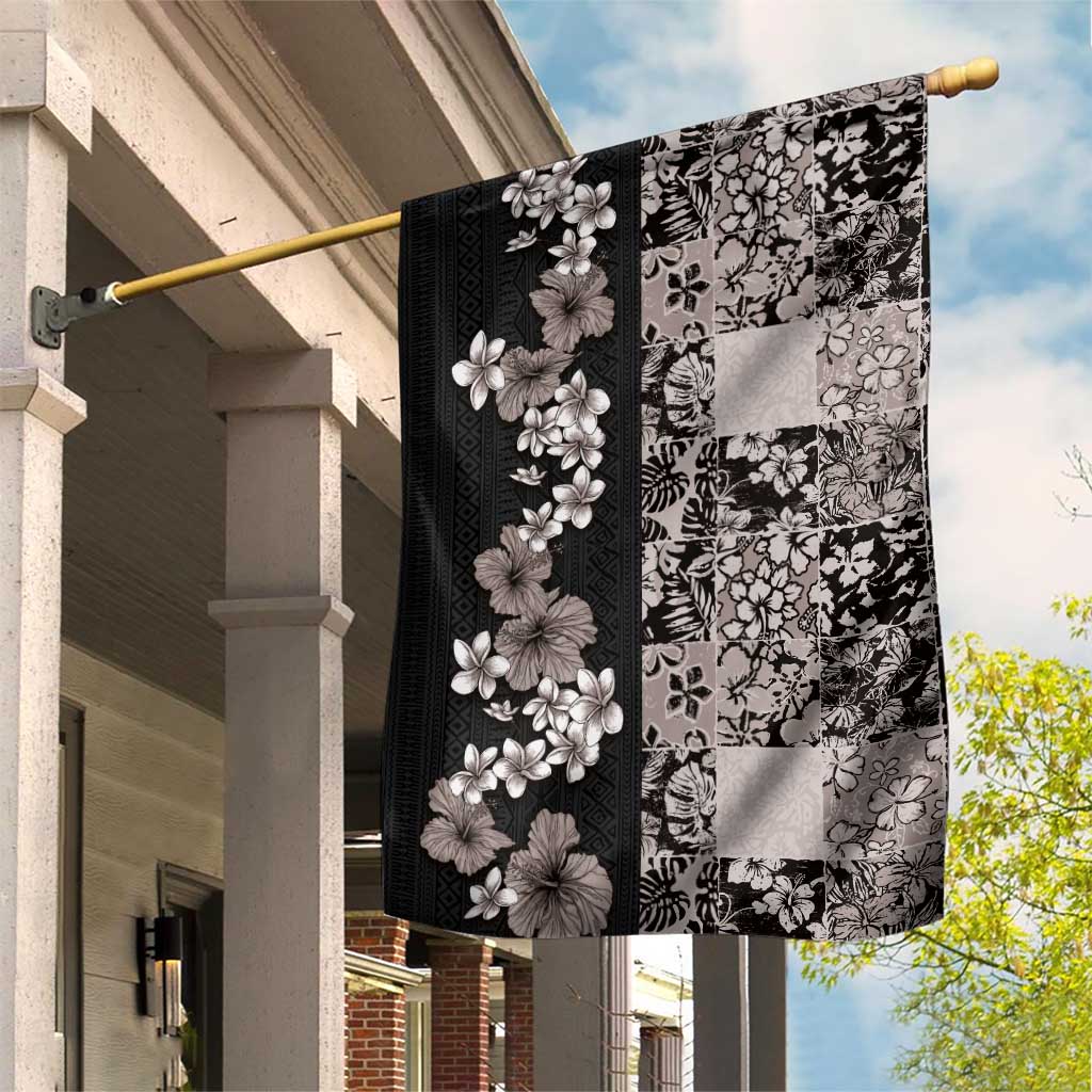 Hawaiian Hibiscus and Tropical Leaves Garden Flag Patchwork Grunge Abstract Vintage Style Grayscale Color LT03 House Flag Black - Polynesian Pride