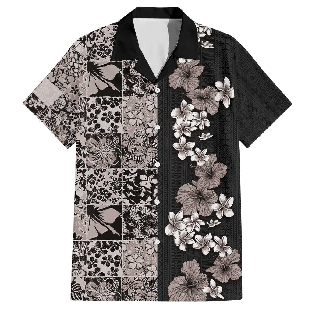 Hawaiian Hibiscus and Tropical Leaves Hawaiian Shirt Patchwork Grunge Abstract Vintage Style Grayscale Color LT03 Black - Polynesian Pride