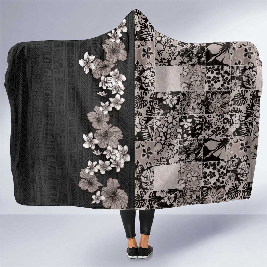 Hawaiian Hibiscus and Tropical Leaves Hooded Blanket Patchwork Grunge Abstract Vintage Style Grayscale Color LT03 One Size Black - Polynesian Pride