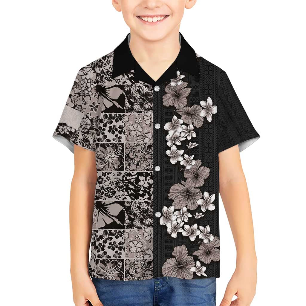 Hawaiian Hibiscus and Tropical Leaves Kid Hawaiian Shirt Patchwork Grunge Abstract Vintage Style Grayscale Color