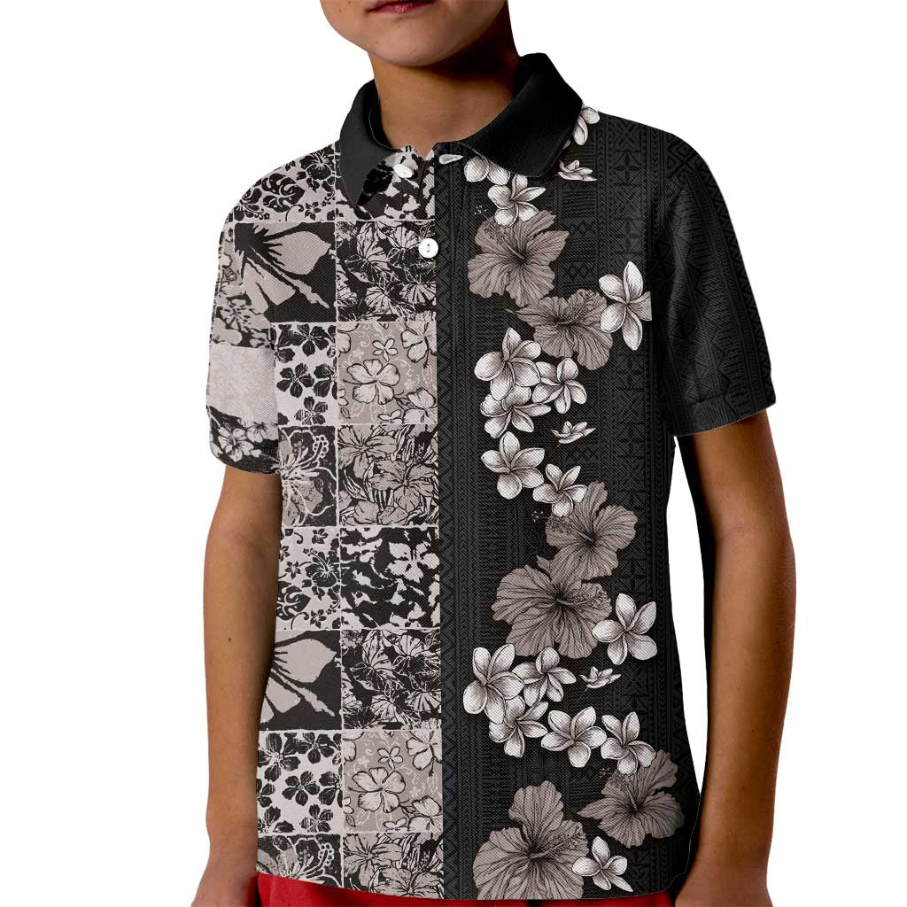 Hawaiian Hibiscus and Tropical Leaves Kid Polo Shirt Patchwork Grunge Abstract Vintage Style Grayscale Color