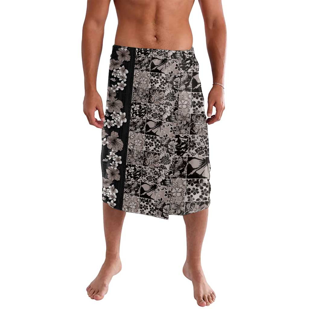 Hawaiian Hibiscus and Tropical Leaves Lavalava Patchwork Grunge Abstract Vintage Style Grayscale Color LT03 Black - Polynesian Pride