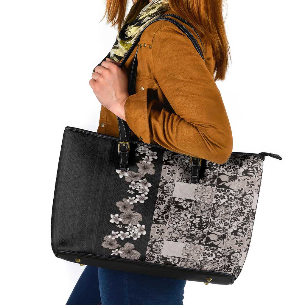 Hawaiian Hibiscus and Tropical Leaves Leather Tote Bag Patchwork Grunge Abstract Vintage Style Grayscale Color LT03 Black - Polynesian Pride