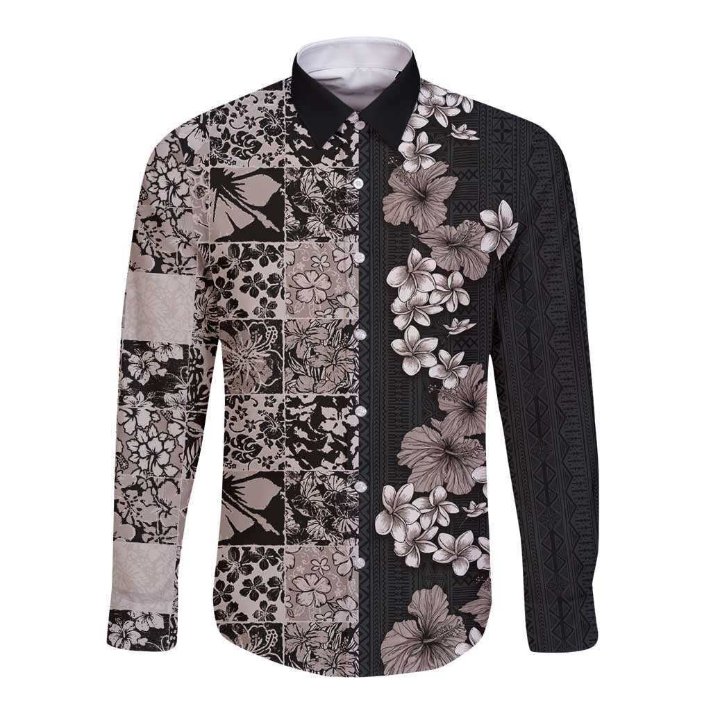 Hawaiian Hibiscus and Tropical Leaves Long Sleeve Button Shirt Patchwork Grunge Abstract Vintage Style Grayscale Color