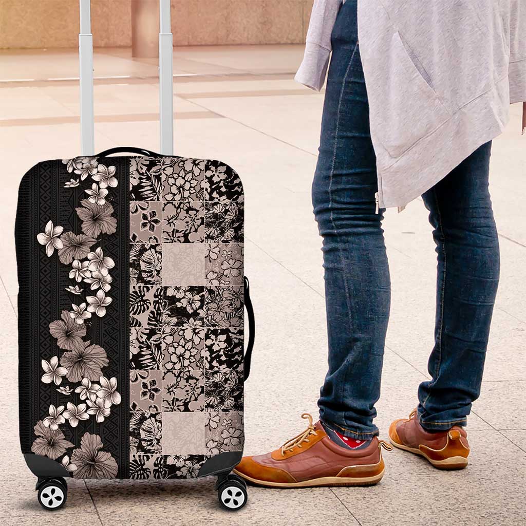 Hawaiian Hibiscus and Tropical Leaves Luggage Cover Patchwork Grunge Abstract Vintage Style Grayscale Color