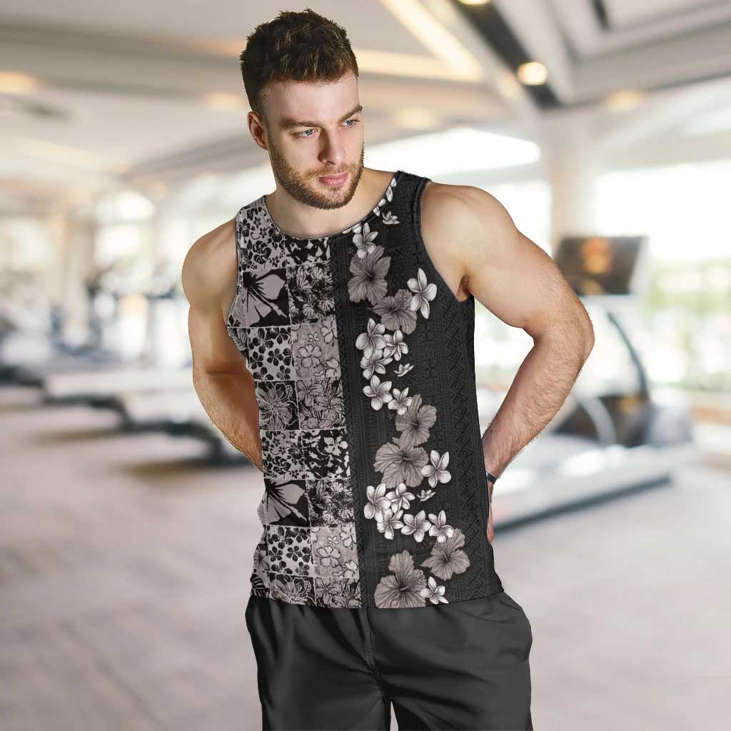 Hawaiian Hibiscus and Tropical Leaves Men Tank Top Patchwork Grunge Abstract Vintage Style Grayscale Color LT03 Black - Polynesian Pride