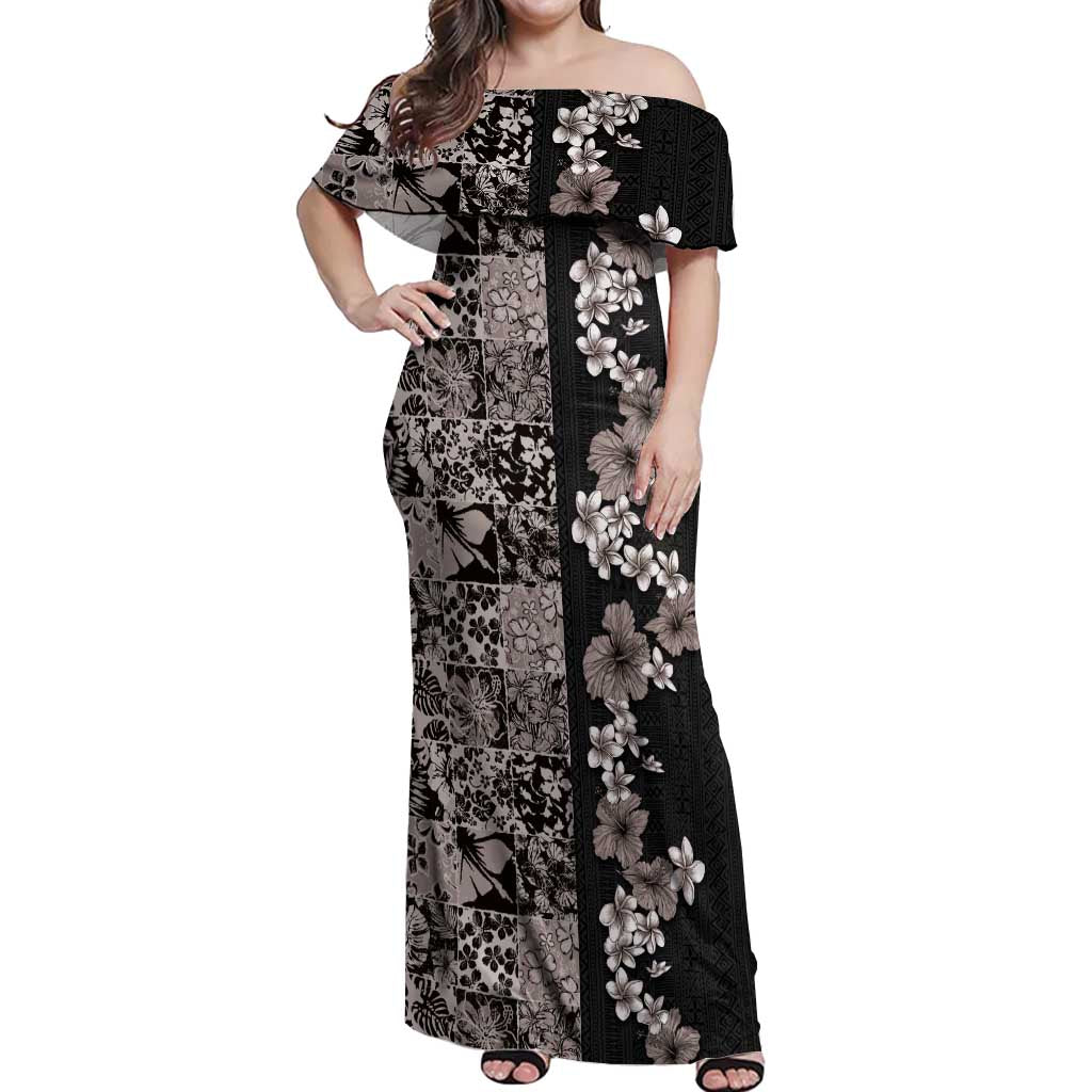 Hawaiian Hibiscus and Tropical Leaves Off Shoulder Maxi Dress Patchwork Grunge Abstract Vintage Style Grayscale Color