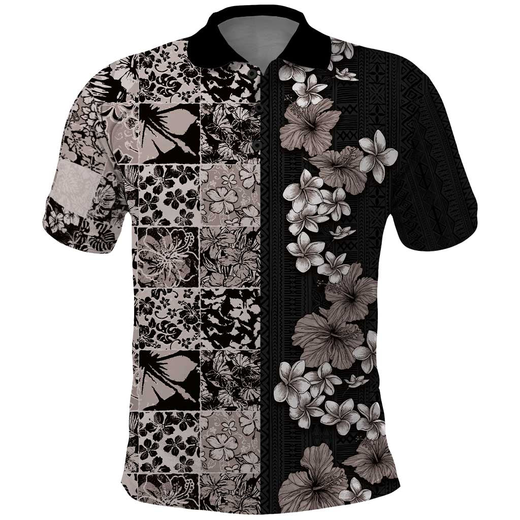 Hawaiian Hibiscus and Tropical Leaves Polo Shirt Patchwork Grunge Abstract Vintage Style Grayscale Color