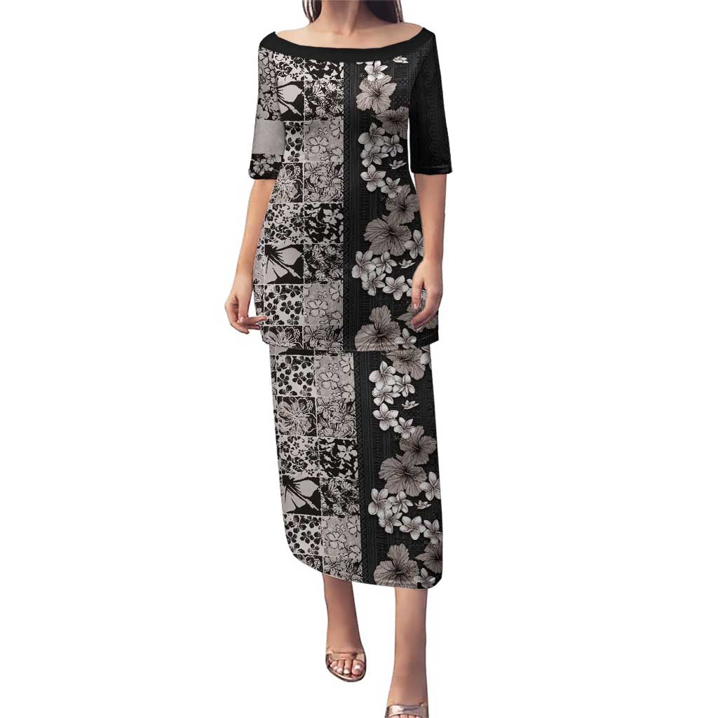 Hawaiian Hibiscus and Tropical Leaves Puletasi Patchwork Grunge Abstract Vintage Style Grayscale Color LT03 Long Dress Black - Polynesian Pride