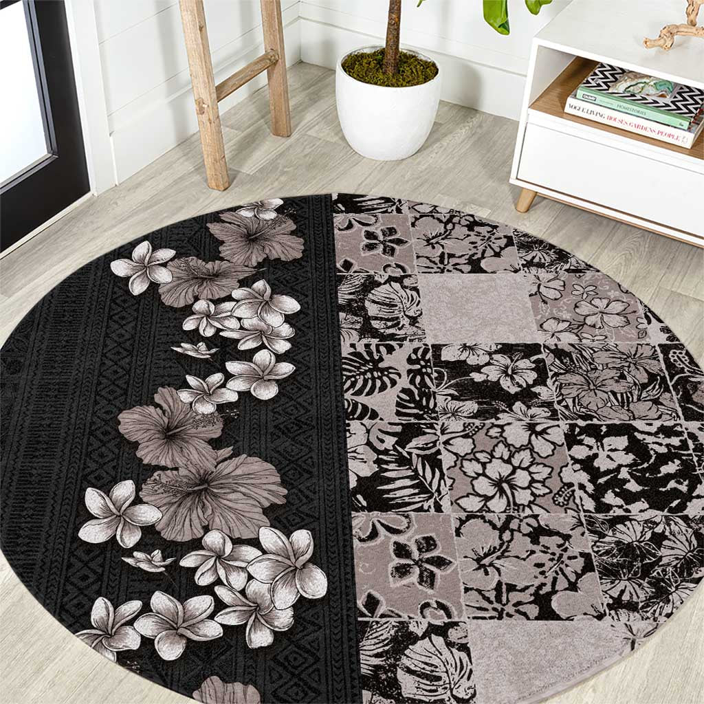 Hawaiian Hibiscus and Tropical Leaves Round Carpet Patchwork Grunge Abstract Vintage Style Grayscale Color