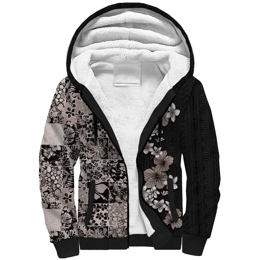 Hawaiian Hibiscus and Tropical Leaves Sherpa Hoodie Patchwork Grunge Abstract Vintage Style Grayscale Color LT03 Unisex Black - Polynesian Pride