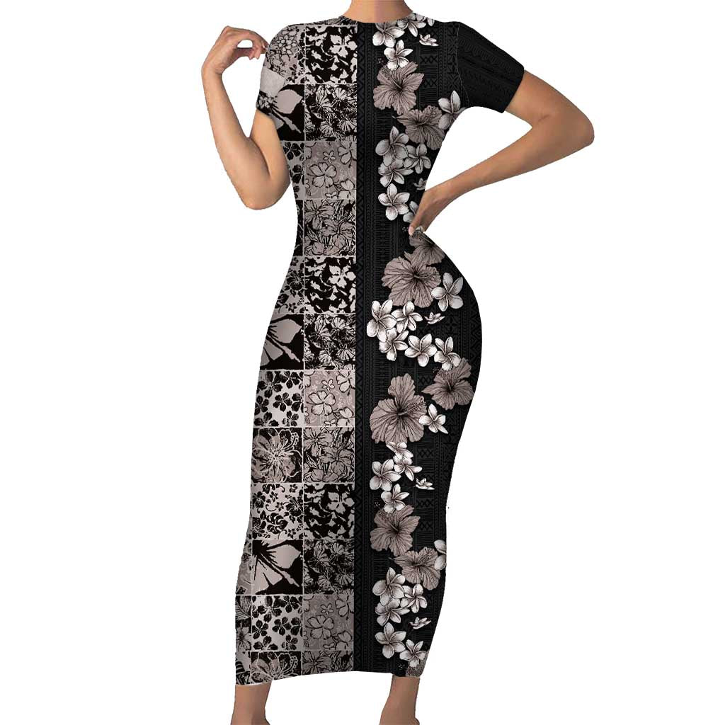 Hawaiian Hibiscus and Tropical Leaves Short Sleeve Bodycon Dress Patchwork Grunge Abstract Vintage Style Grayscale Color