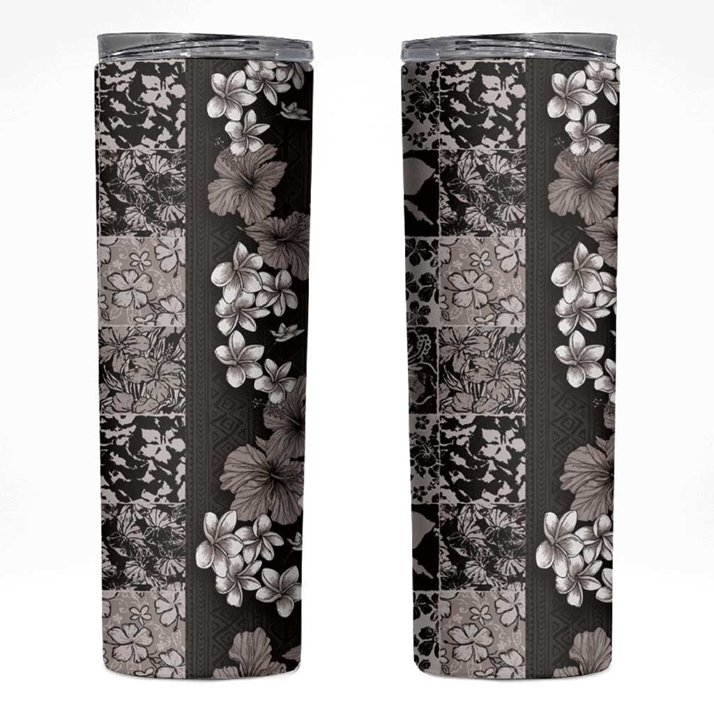 Hawaiian Hibiscus and Tropical Leaves Skinny Tumbler Patchwork Grunge Abstract Vintage Style Grayscale Color