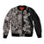 Hawaiian Hibiscus and Tropical Leaves Sleeve Zip Bomber Jacket Patchwork Grunge Abstract Vintage Style Grayscale Color