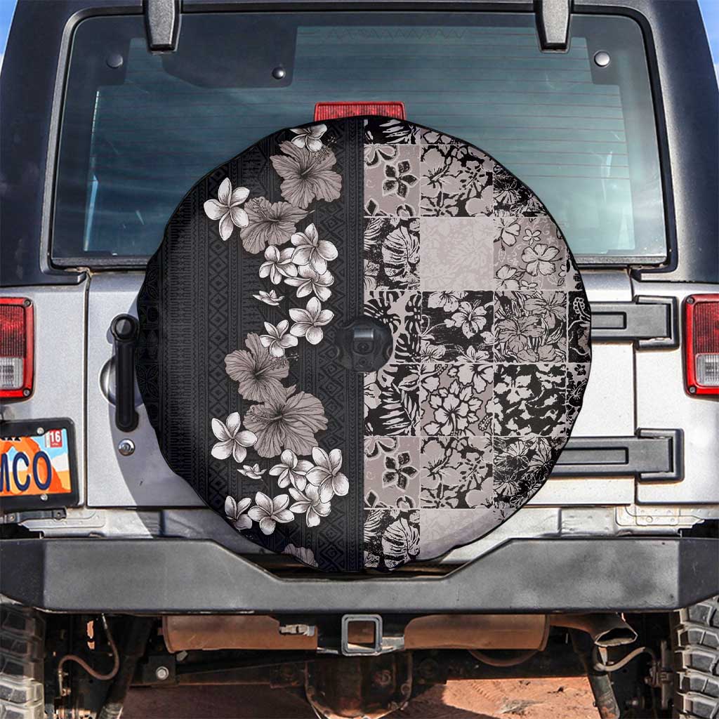 Hawaiian Hibiscus and Tropical Leaves Spare Tire Cover Patchwork Grunge Abstract Vintage Style Grayscale Color