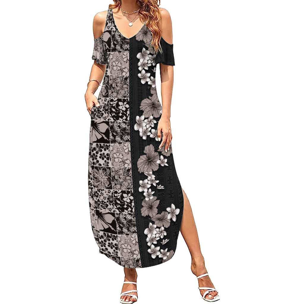 Hawaiian Hibiscus and Tropical Leaves Summer Maxi Dress Patchwork Grunge Abstract Vintage Style Grayscale Color LT03 Women Black - Polynesian Pride