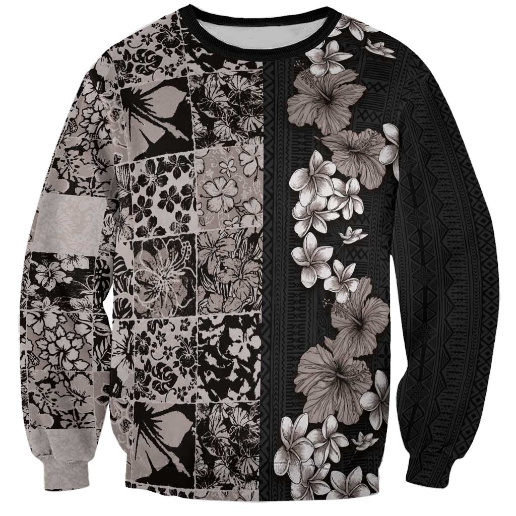 Hawaiian Hibiscus and Tropical Leaves Sweatshirt Patchwork Grunge Abstract Vintage Style Grayscale Color LT03 Unisex Black - Polynesian Pride