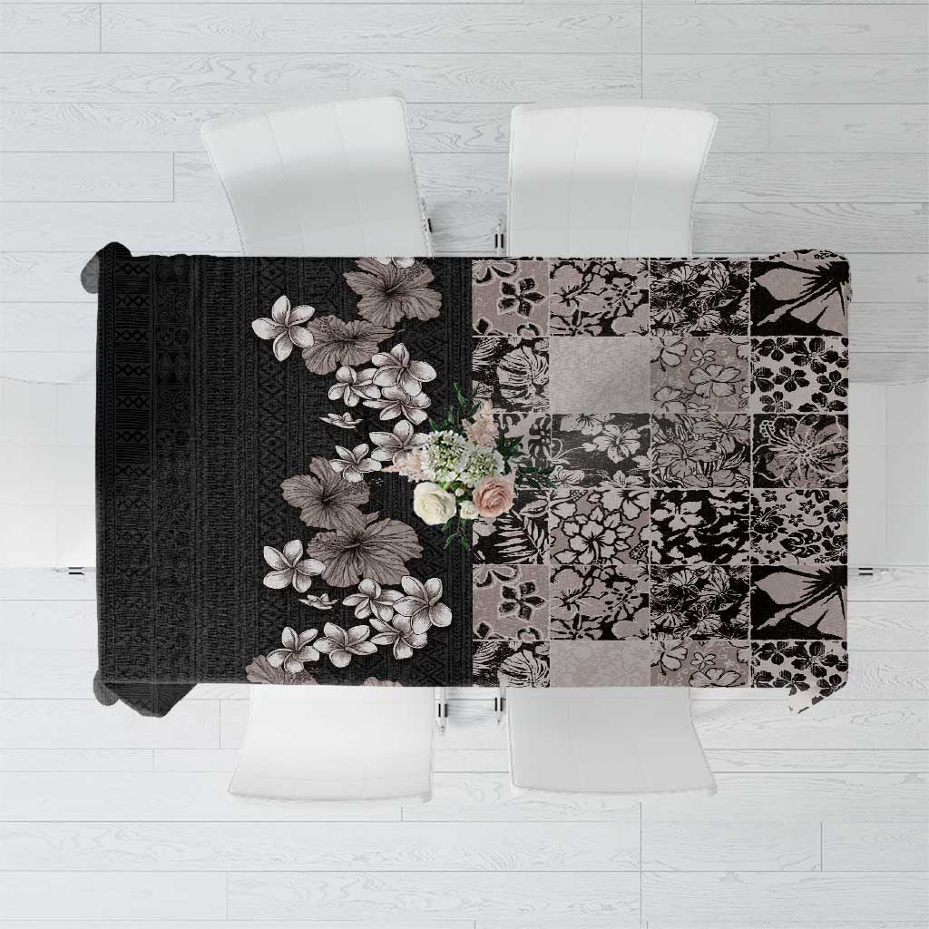 Hawaiian Hibiscus and Tropical Leaves Tablecloth Patchwork Grunge Abstract Vintage Style Grayscale Color LT03 Black - Polynesian Pride