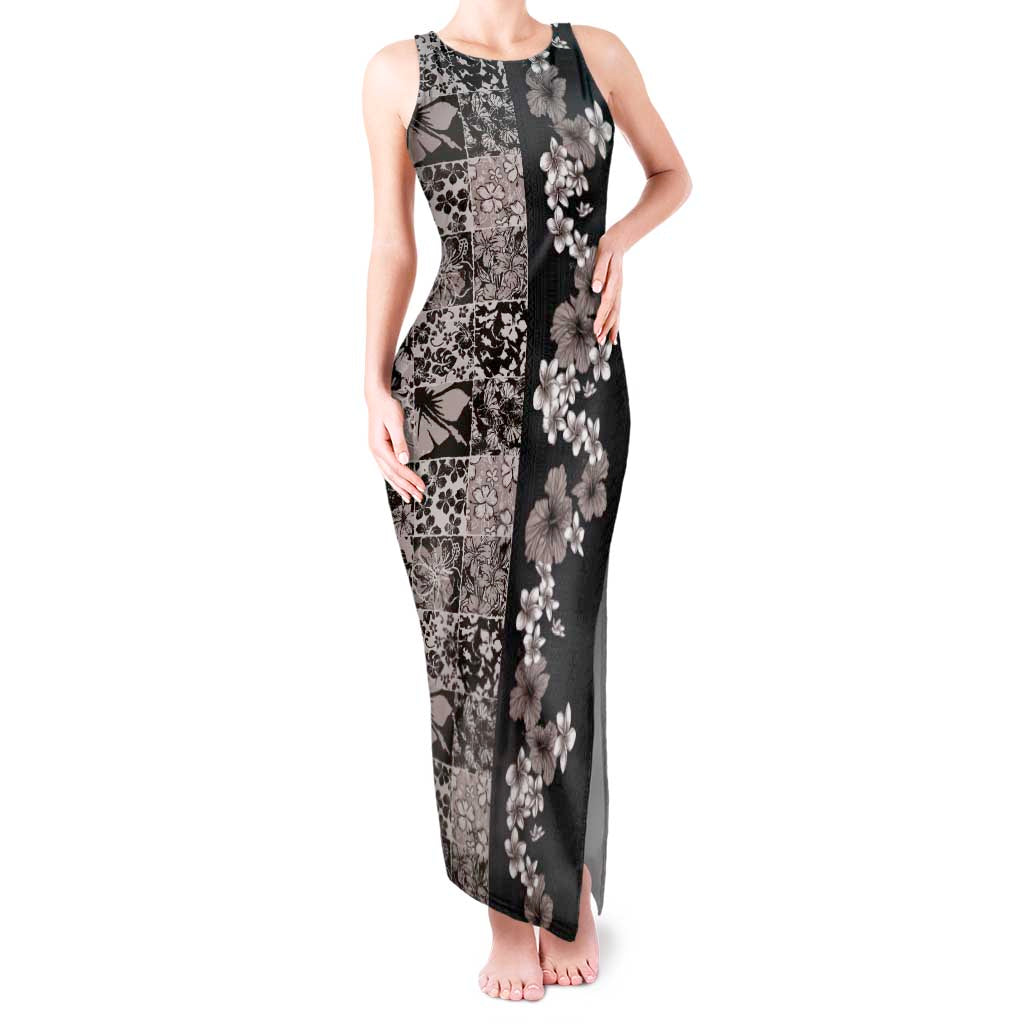 Hawaiian Hibiscus and Tropical Leaves Tank Maxi Dress Patchwork Grunge Abstract Vintage Style Grayscale Color LT03 Women Black - Polynesian Pride