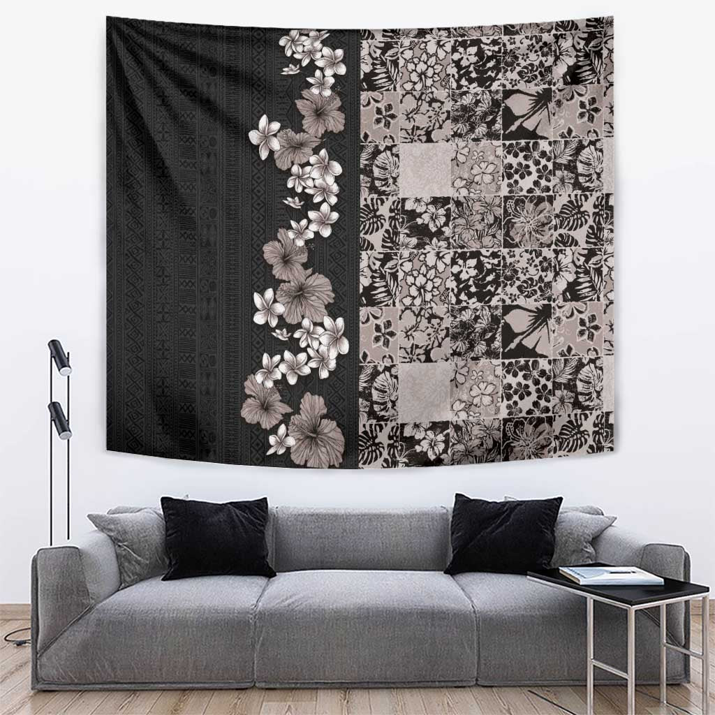 Hawaiian Hibiscus and Tropical Leaves Tapestry Patchwork Grunge Abstract Vintage Style Grayscale Color