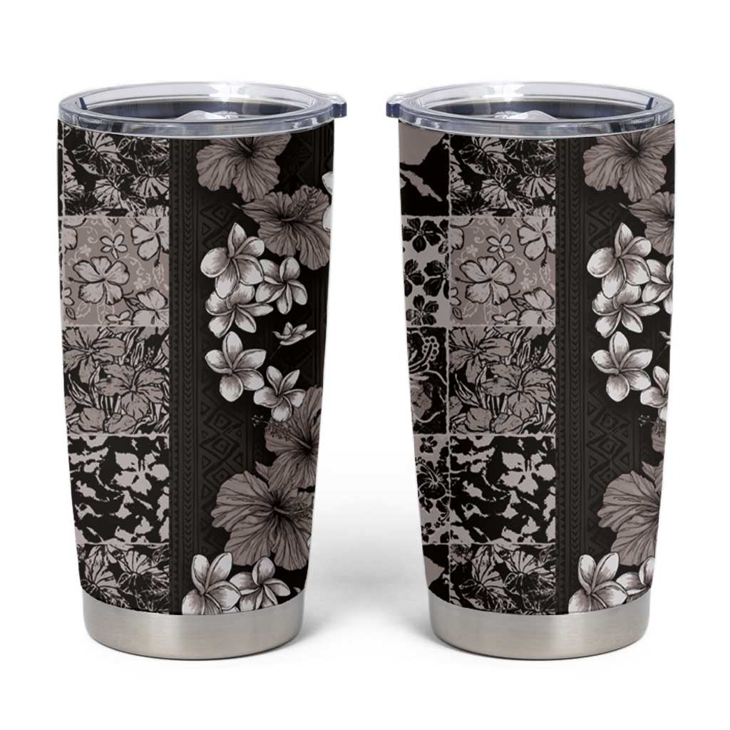 Hawaiian Hibiscus and Tropical Leaves Tumbler Cup Patchwork Grunge Abstract Vintage Style Grayscale Color