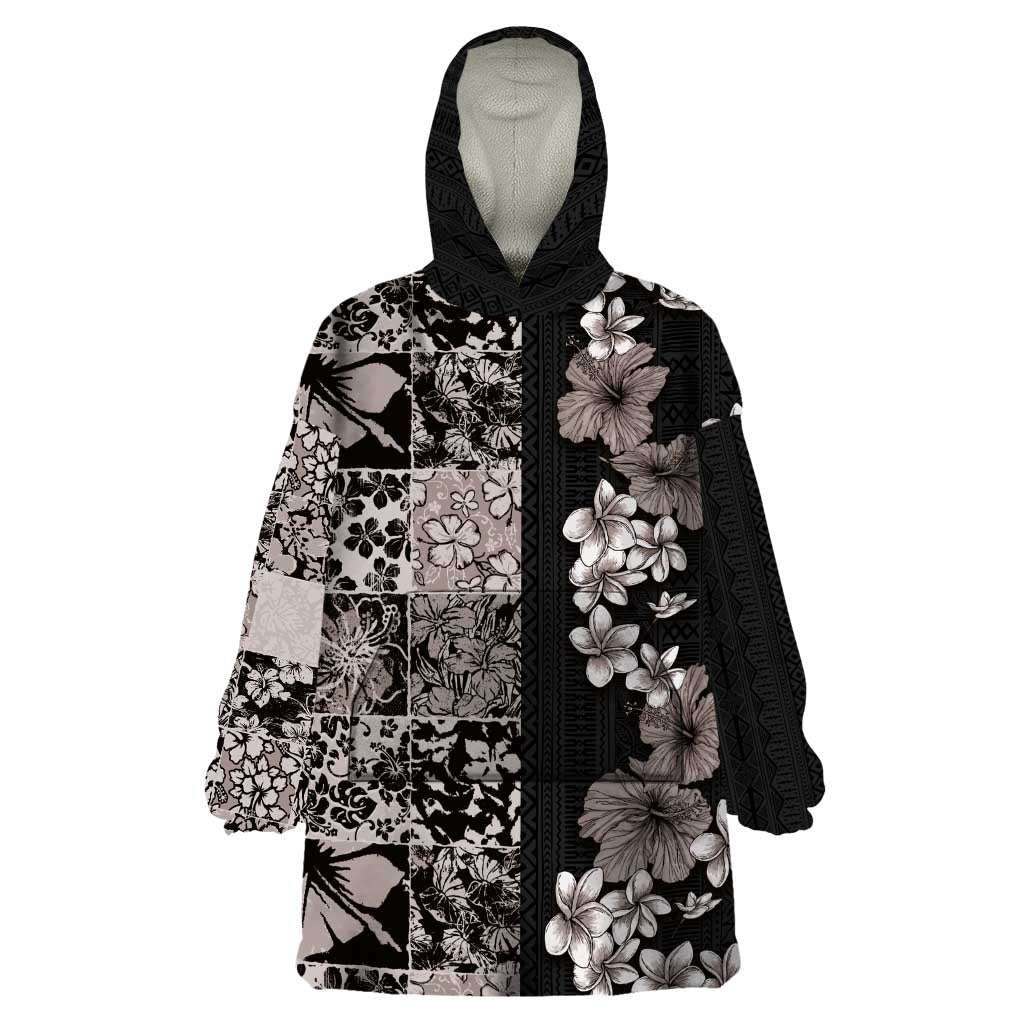 Hawaiian Hibiscus and Tropical Leaves Wearable Blanket Hoodie Patchwork Grunge Abstract Vintage Style Grayscale Color LT03 One Size Black - Polynesian Pride