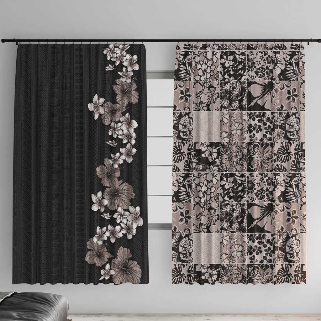 Hawaiian Hibiscus and Tropical Leaves Window Curtain Patchwork Grunge Abstract Vintage Style Grayscale Color LT03 With Hooks Black - Polynesian Pride