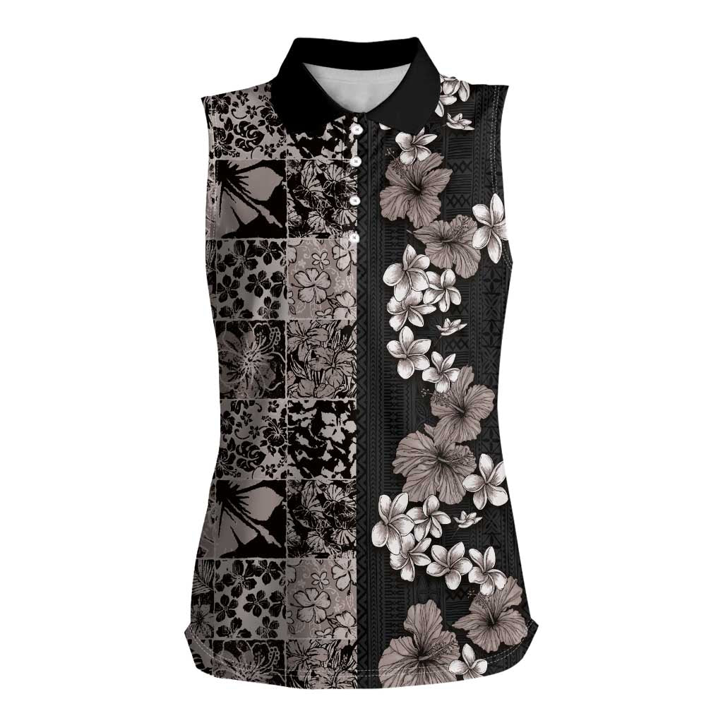 Hawaiian Hibiscus and Tropical Leaves Women Sleeveless Polo Shirt Patchwork Grunge Abstract Vintage Style Grayscale Color