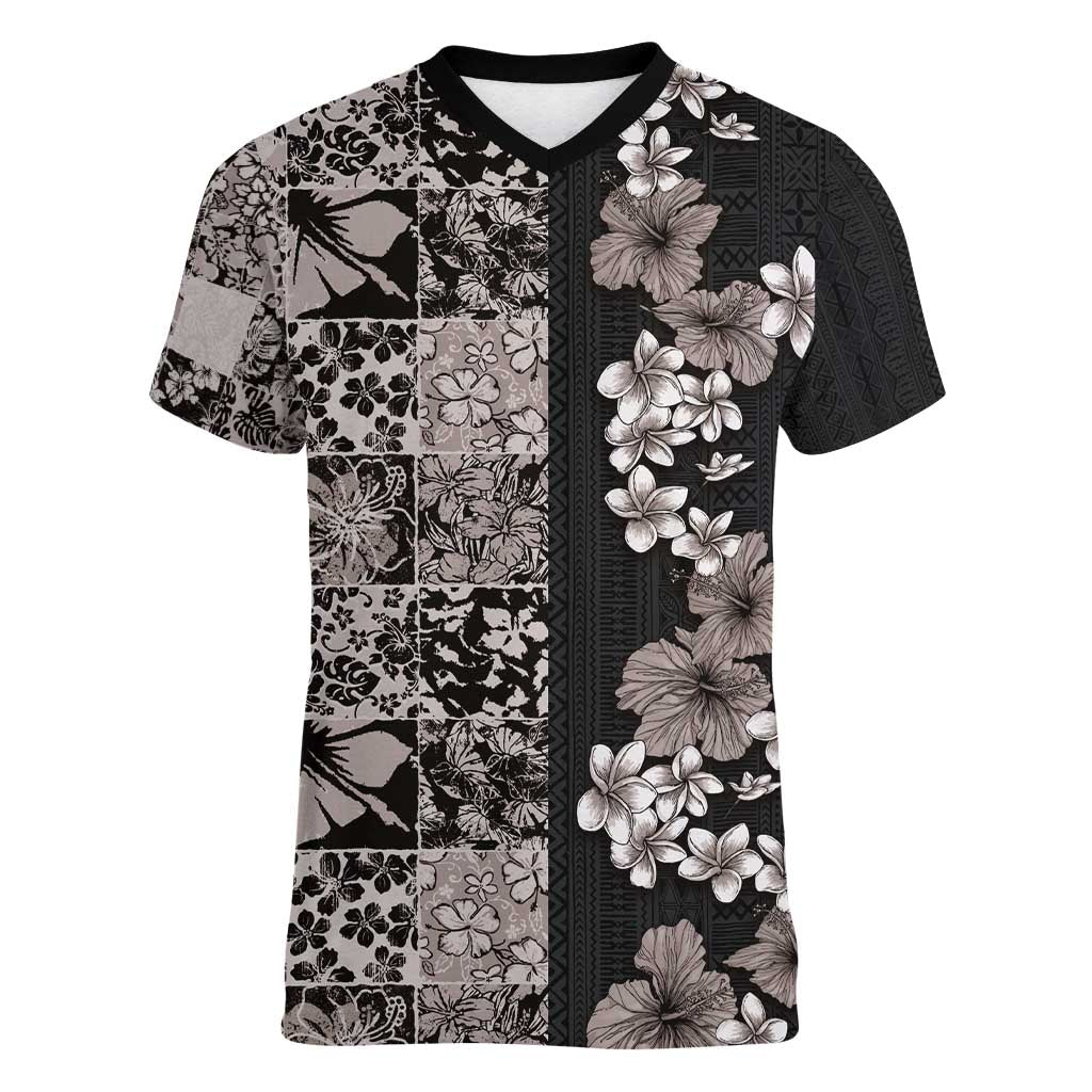 Hawaiian Hibiscus and Tropical Leaves Women V-Neck T-Shirt Patchwork Grunge Abstract Vintage Style Grayscale Color