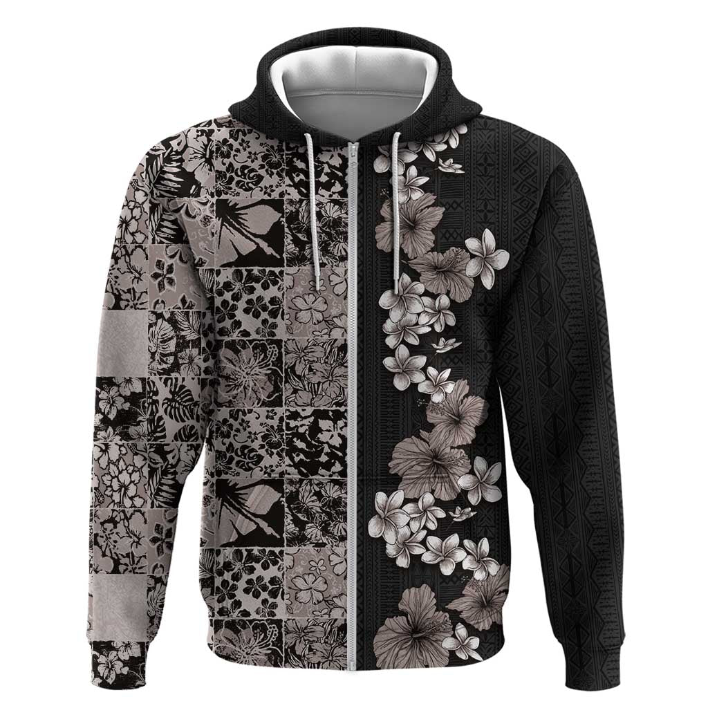 Hawaiian Hibiscus and Tropical Leaves Zip Hoodie Patchwork Grunge Abstract Vintage Style Grayscale Color